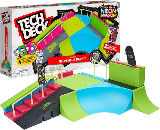 Tech Deck, Neon Mega Park X-Connect Creator Adjustable Ramp Set with Two Fingerboards Glow in the Dark Kids Toys for Boys and Girls