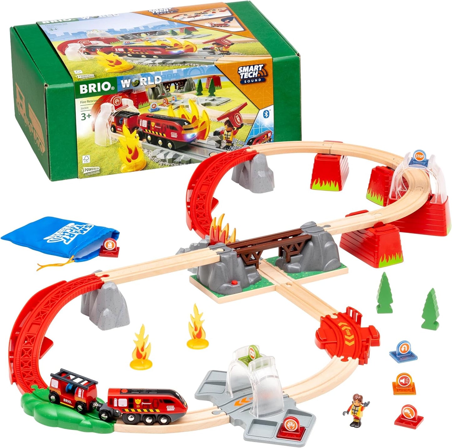 BRIO World 36004 Smart Tech Sound Fire Brigade Rescue Set, 41-Piece Fire Brigade Set with Battery-Operated Toy Locomotive for Children from 3 Years