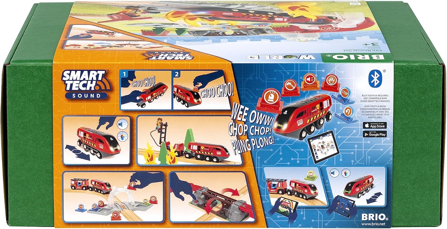BRIO World 36004 Smart Tech Sound Fire Brigade Rescue Set, 41-Piece Fire Brigade Set with Battery-Operated Toy Locomotive for Children from 3 Years